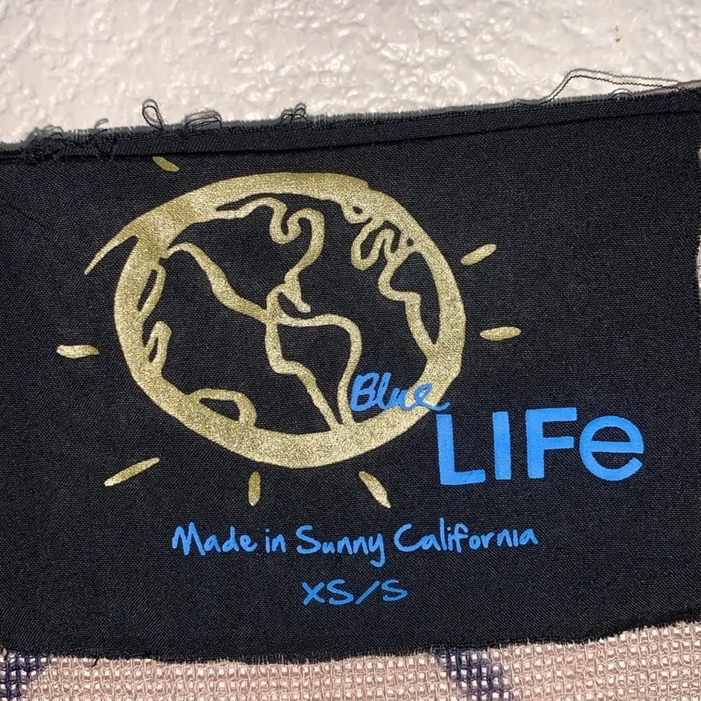 BLUE LIFE tunic Women's XS/S, tan with navy tie dye pattern; oversized. EUC